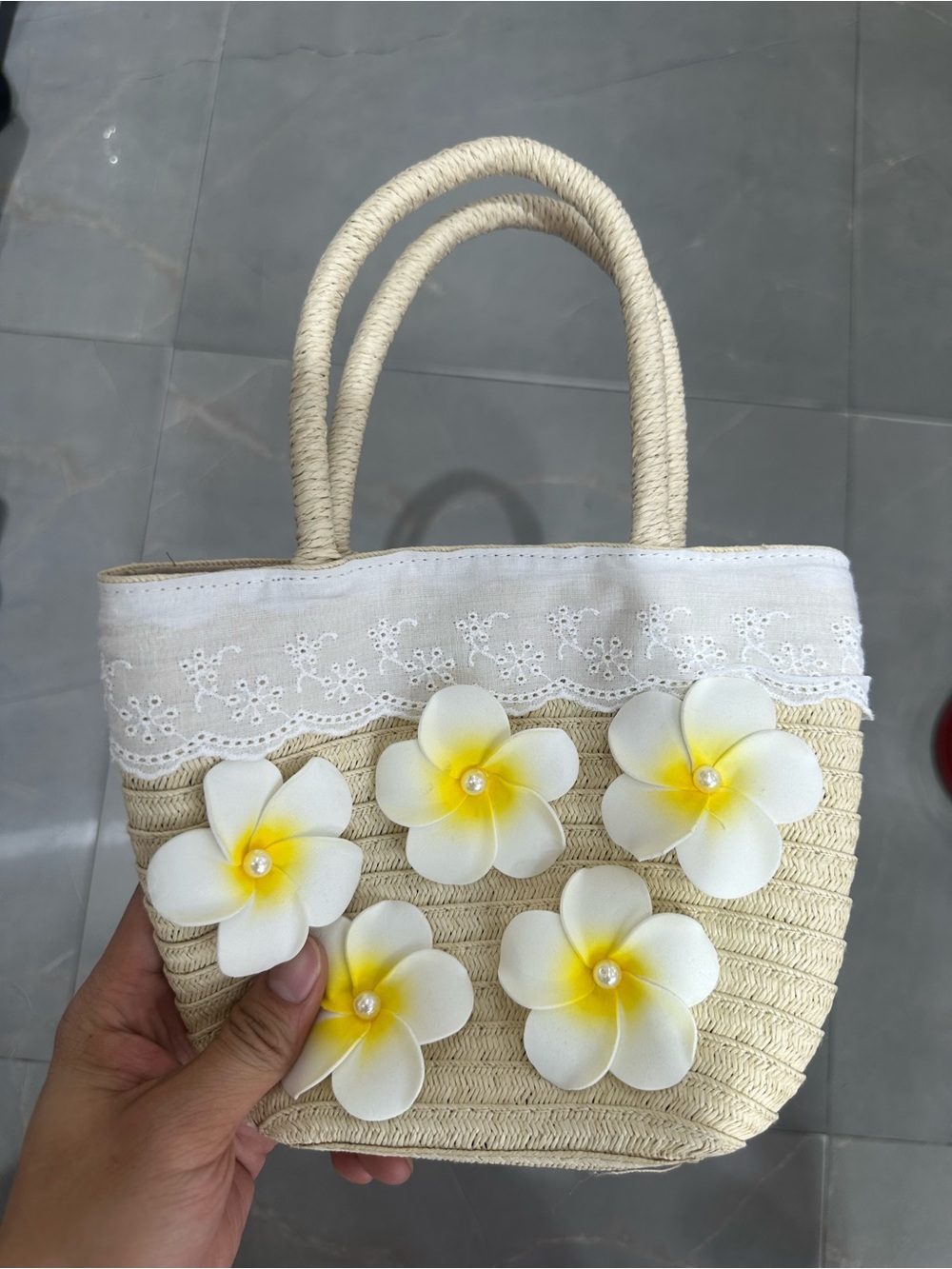 Handwoven Straw Tote with White & Yellow Floral Accents